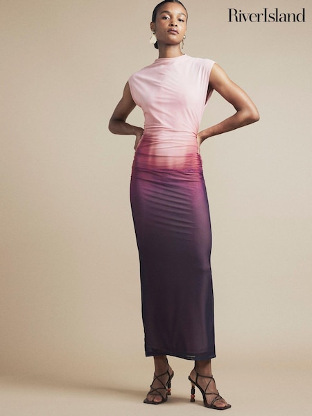 River Island Pink Boat Neck Ombre Mesh Midi Dress (AE6101) | 111 QAR