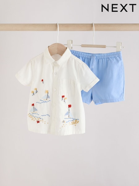 Azul/blanco con barco - Baby Shirt and Shorts Set (0mths-2yrs) (AE6189) | 25 € - 28 €