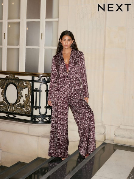 Burgundy Red/Ecru Cream Crinkle Satin Polka Dot Wide Trousers (AE6193) | 85 QAR