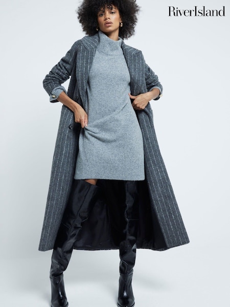 River Island Grey High Neck Knitted Jumper Dress (AE6218) | €67