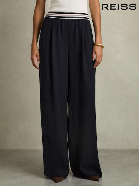 Reiss Navy Abs Petite Stripe-Waistband Wide-Leg Trousers (AE6509) | €236