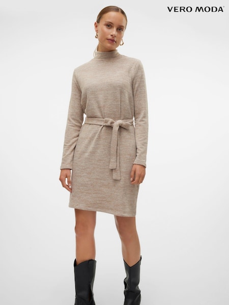 VERO MODA Natural Long Sleeve Belted Mini Knitted Jumper Dress (AE6517) | €17