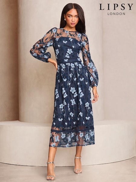Lipsy Premium Long Sleeve Embroidered Floral Prom Midi Dress (AE6564) | 219 €