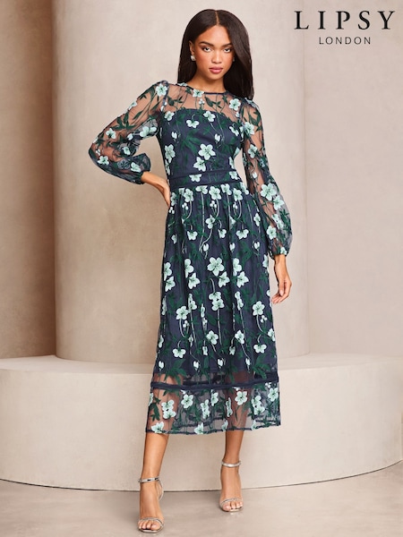 Lipsy Premium Long Sleeve Embroidered Floral Prom Midi Dress (AE6576) | 219 €