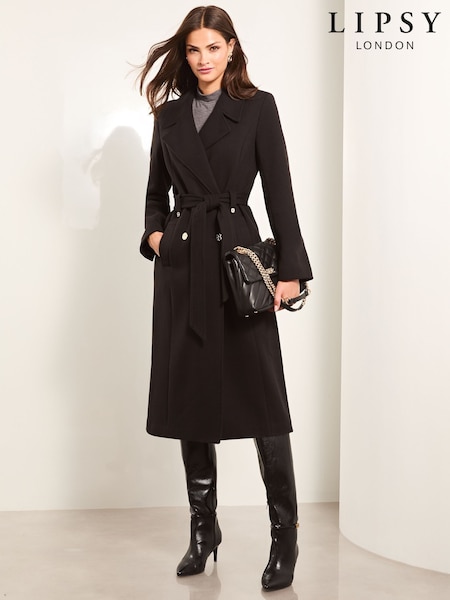 Lipsy Black Double Breasted Long Line Belted Coat (AE6590) | €133