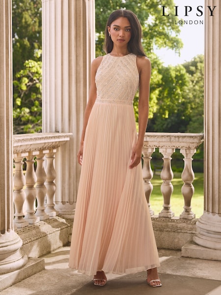 Lipsy Blush Pink Embelished Bodice Pleated Wedding Bridesmaid Maxi Dress (AE6619) | 29,590 ISK