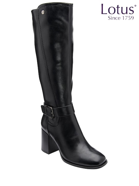 أسود - Lotus Heel Knee High Boots