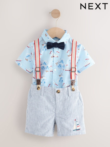 Blue/White Ship All Over Printed Shirt, Braces, Short & Bow Tie Set (3mths-7yrs) (AE9185) | 168 QAR - 198 QAR