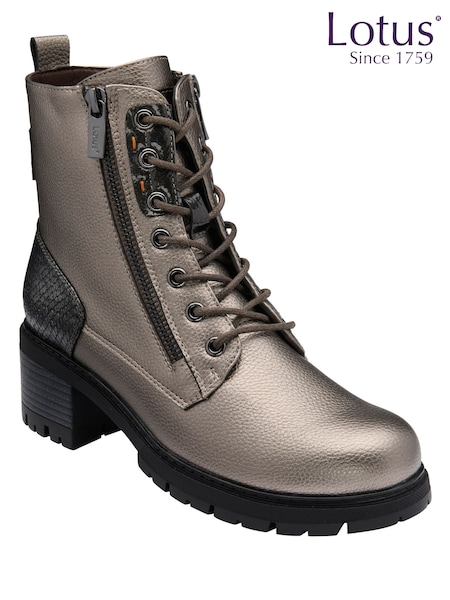 Grey - Lotus Block Heel Zip-up Ankle Boots
