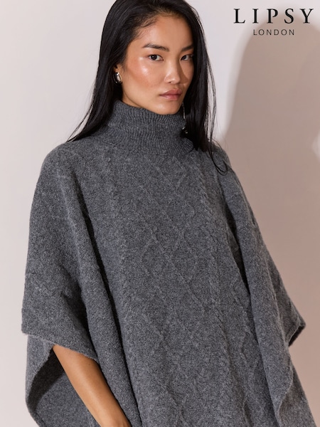 Grey - Lipsy Cable Knit Poncho
