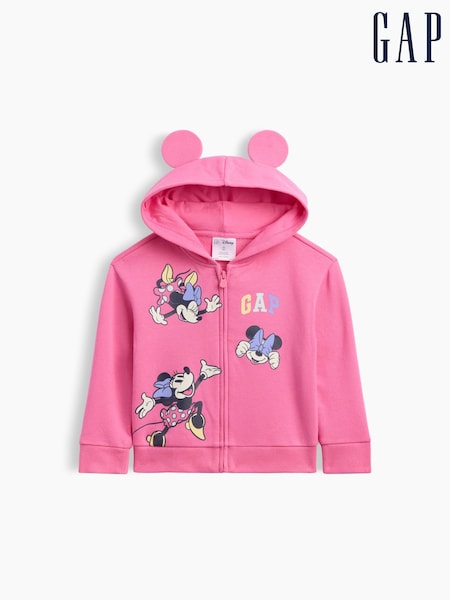 Rožinė - „Gap × Disney Minnie Mouse“ laisvalaikio stiliaus džemperis su užtrauktuku ir grafiniu raštu (6mėn.–5m.)