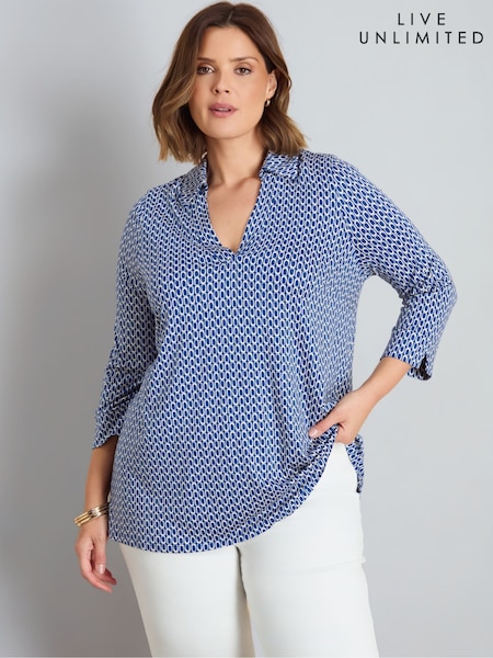 Blå - Live Unlimited Geo Print 3/4 Sleeve Collared V-neck Jersey Top