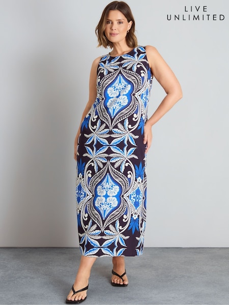 Blue - Live Unlimited Placement Print Sleeveless Maxi Dress