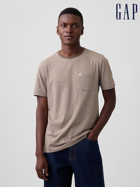 Khaki Green Stripe - Regular Gap Pocket Short Sleeve T-shirt