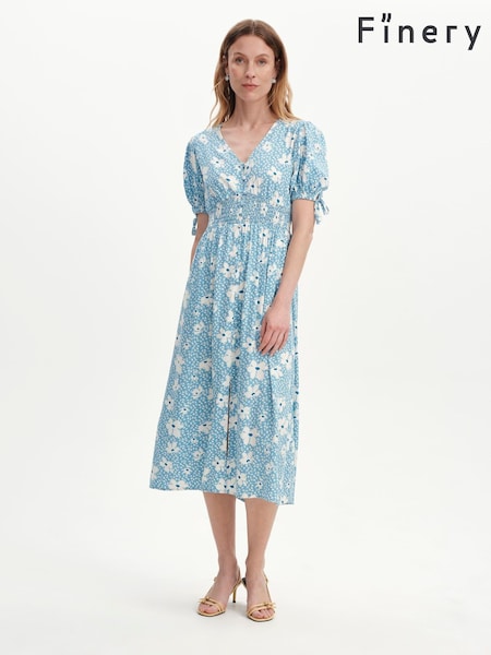 Blå Ditsy - Finery Margot Rynket Midi Kjole Med knapper