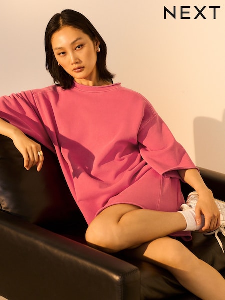 Red Raw Hem Detail Washed 100% Cotton Crew Neck Dress (AF5798) | €34
