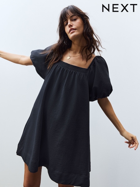 Black Textured Seer Sucker Smock Dress (AF5801) | €38