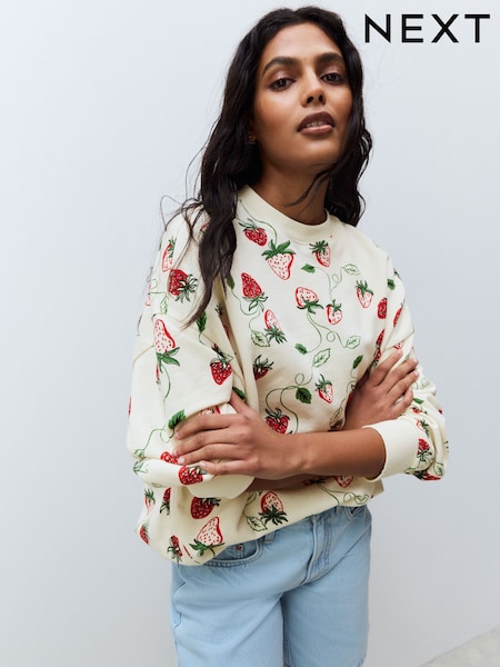Red Graphic Strawberry Print Cotton Rich Long Crew Neck Sweatshirt (AF5802) | EGP1,920
