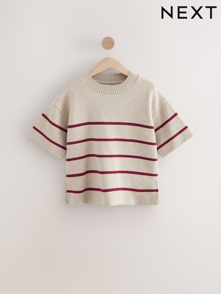 Burgundy Red Cosy Soft Touch Boxy Short Sleeve Striped Knitted Jumper Top (AF5831) | kr383