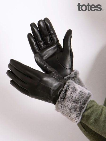 Totes Isotoner Ladies Leather Gloves with Faux Fur Cuff (AF5951) | €40