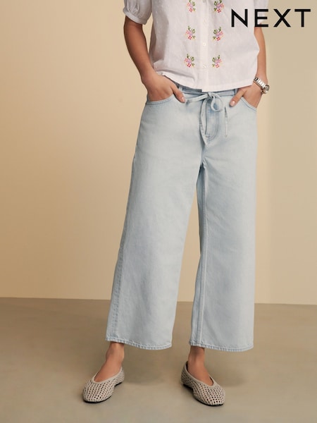 Albastru decolorat - 100% Cotton Tie-waist Cropped Wide Leg Jeans (AF6079) | 217 LEI