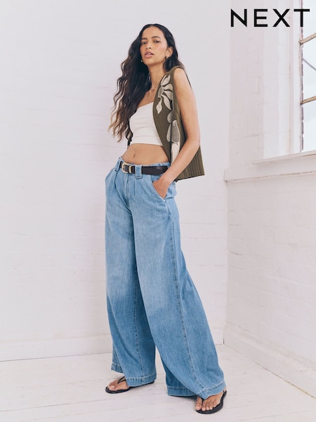 Mid Blue Linen Blend Wide Leg Denim Trousers (AF6100) | €51