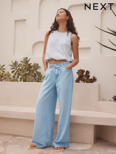 Bleach-Waschung - Lyocell Blend Denim Tie Waist Wide Leg Jeans (AF6102) | 58 €