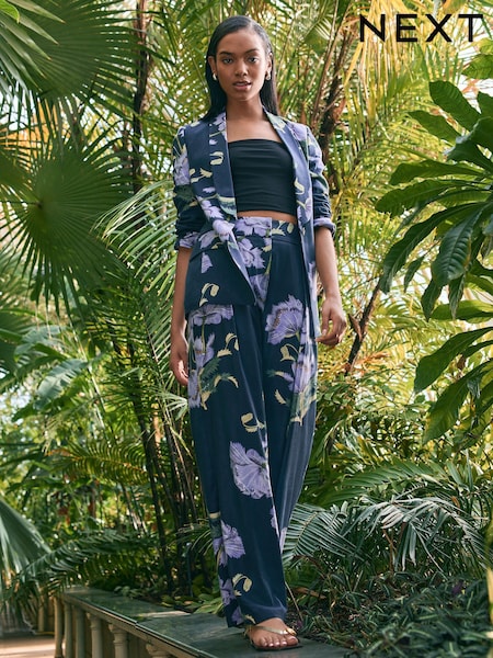 Темно-синий с цветочным узором - Kew Gardens Wide Leg Trousers with Linen (AF6670) | €61