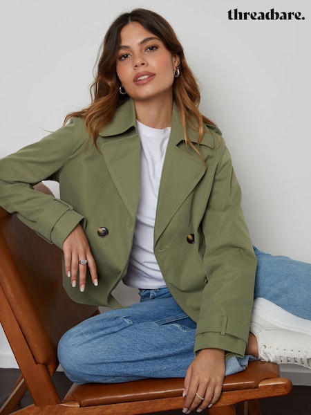Threadbare Green Double Breasted Cropped Trench Jacket (AF6920) | AED299