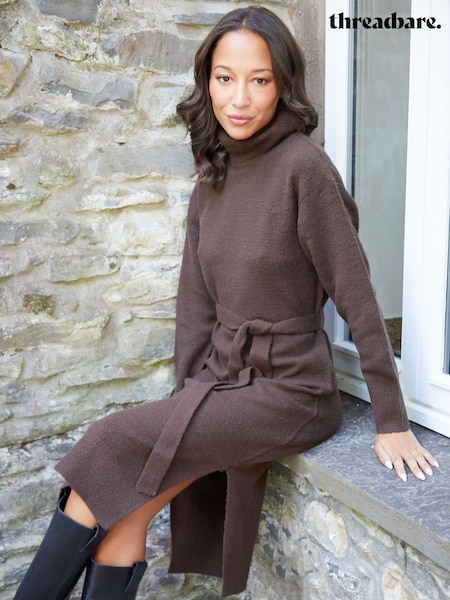 Threadbare Brown Belted Roll Neck Knitted Midi Jumper Dress (AF6968) | €44