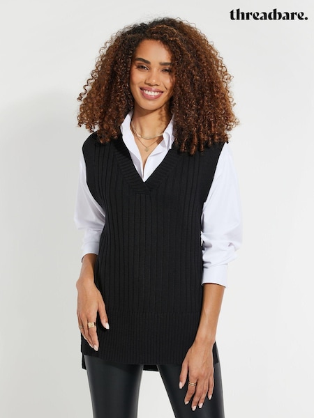 Threadbare Black Curve V-Neck Ribbed Knitted Sweater Vest (AF6970) | €10