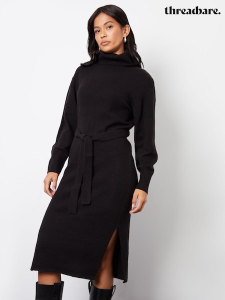 Threadbare Black Belted Roll Neck Knitted Midi Jumper Dress (AF6981) | AED232