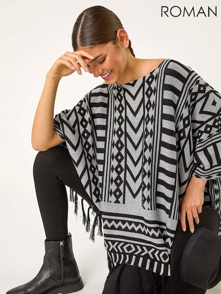 Gris - Roman Pattern Fringe Poncho Jumper (AF6991) | €56