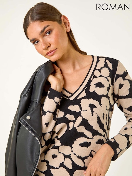 Roman Black Animal Print V-Neck Jumper (AF6992) | €44