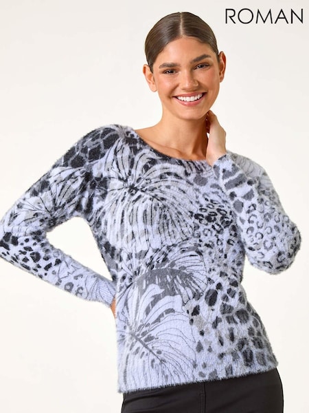 Roman Blue Fluffy Tropical Animal Print Knit Jumper (AF6998) | €51