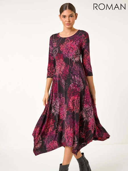 Roman Red Foliage Hanky Hem Midi Dress (AF7004) | €60