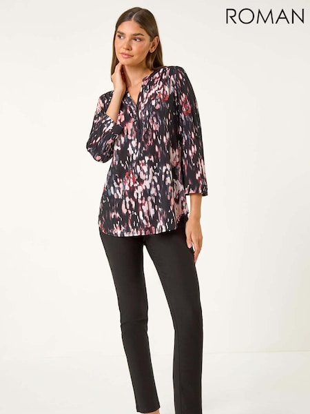 Roman Brown Textured Abstract Print V-Neck Stretch Top (AF7012) | 217 QAR
