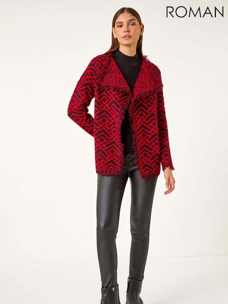 Roman Red Geometric Fringe Collared Cardigan (AF7015) | €53