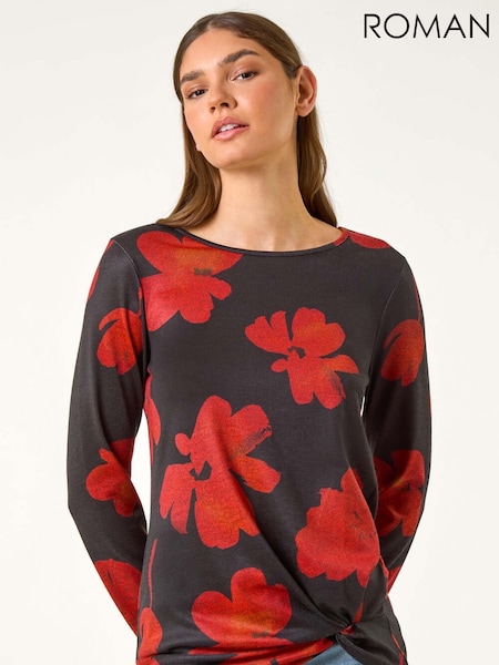 Roman Red Floral Print Stretch Hem Top (AF7017) | AED233