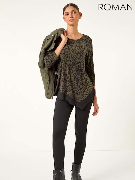 Roman Green Animal Print Chiffon Hem Stretch Top (AF7030) | €42