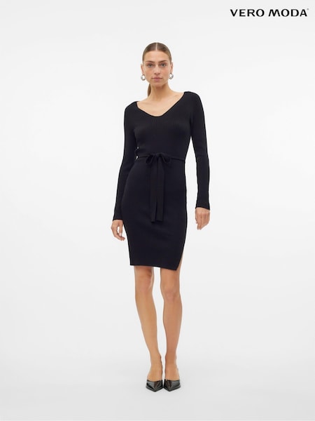 VERO MODA Black Long Sleeve V-Neck Belted Rib Dress (AF7133) | 188 QAR
