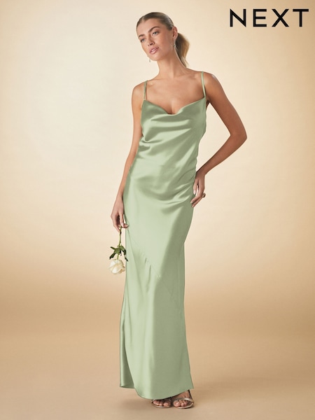 Salbeigrün - Brautjungfern-Maxikleid aus Satin mit Wasserfallausschnitt und V-Rücken (AF7141) | 97 €