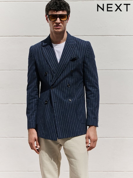 Navy Blue Regular Fit Linen Blend Stripe Double Breasted Blazer (AF7215) | €113