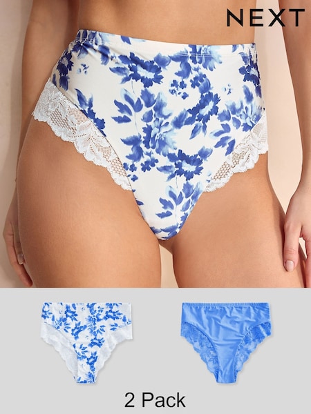 Blue Floral High Rise Lace Trim High Rise High Leg Knickers 2 Pack (AF7267) | €28