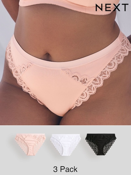 Preto/Branco - Cotton & Lace High Leg Knickers 3 Pack (AF7273) | R$ 225