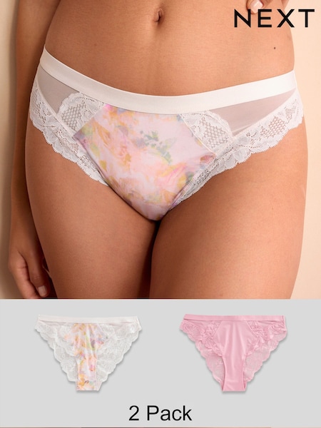 Кремовый цветочный принт /Розовый - Lace Trim High Leg Knickers 2 Pack (AF7281) | €21