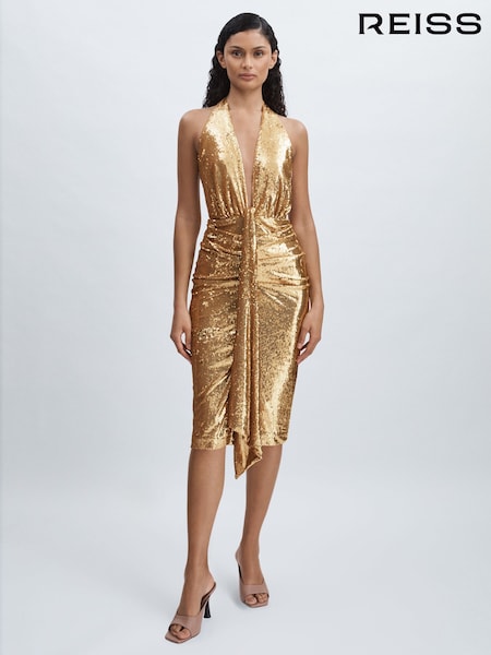 Halston Gold Sequin Halterneck Plunge Dress (AF7443) | €667