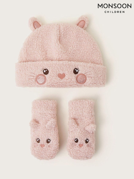 Monsoon Pink Baby Bunny Mittens and Hat Set (AF7491) | €15