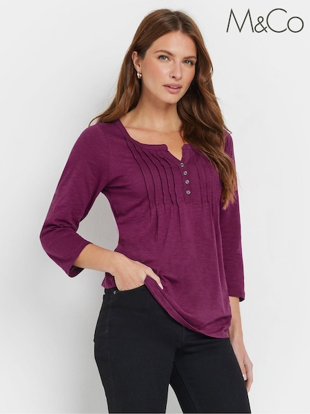 M&Co Purple 3/4 Sleeve 100% Cotton Henley Top (AF7517) | AED140