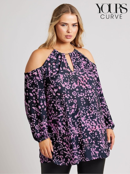Yours Curve Purple London Chain Halter Cold Shoulder Long Sleeve Top (AF7524) | ₪211